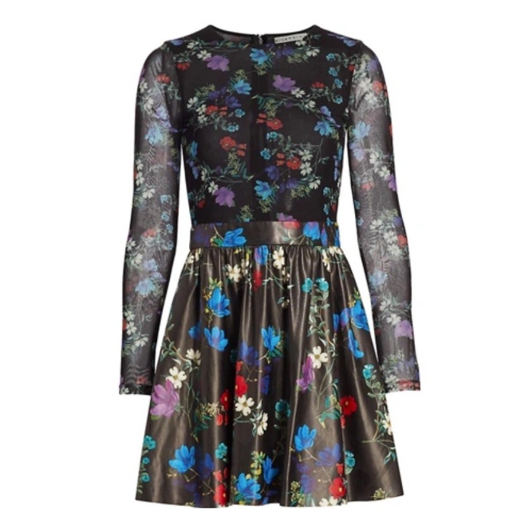 Alice + Olivia Faux Leather Mesh Long Sleeve Black Floral Mini Dress NWT Blooms - Picture 7 of 8